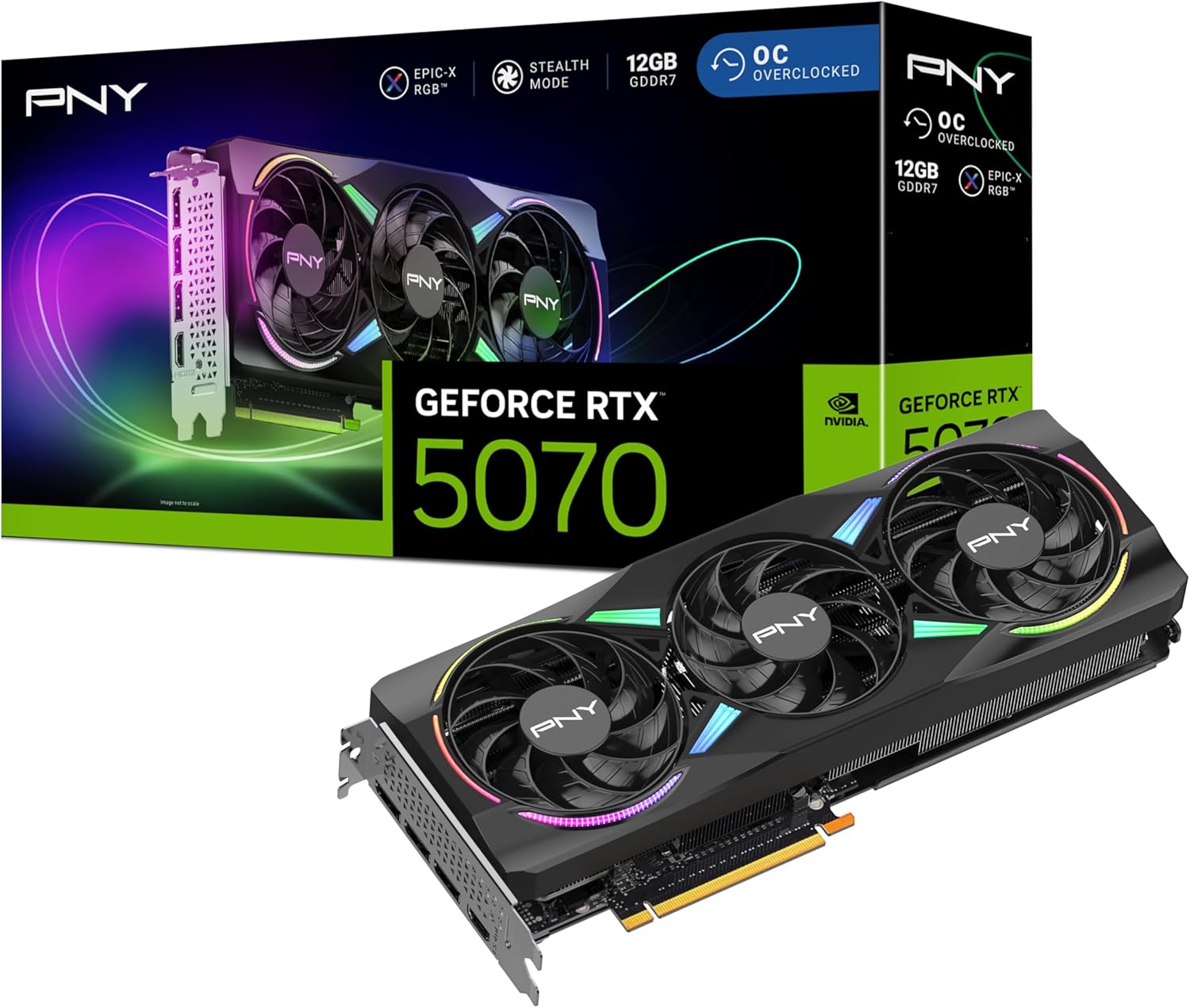 PNY-NVIDIA-GeForce-RTX™-5070-Epic-X™-ARGB-OC-Triple-Fan-Graphics-Card-12GB-GDDR7-192-bit-Boost-Speed-2685-MHz-SFF-Ready-PCIe®-5.0-HDMI®DP-2.1-2.4-Slot-NVIDIA-Blackwell-Architecture-DLSS-4.jpg PNY NVIDIA GeForce RTX™ 5070 Epic-X™ ARGB OC Triple Fan, Graphics Card (12GB GDDR7, 192-bit, Boost Speed: 2685 MHz, SFF-Ready, PCIe® 5.0, HDMI®/DP 2.1, 2.4-Slot, NVIDIA Blackwell Architecture, DLSS 4) - Image 2