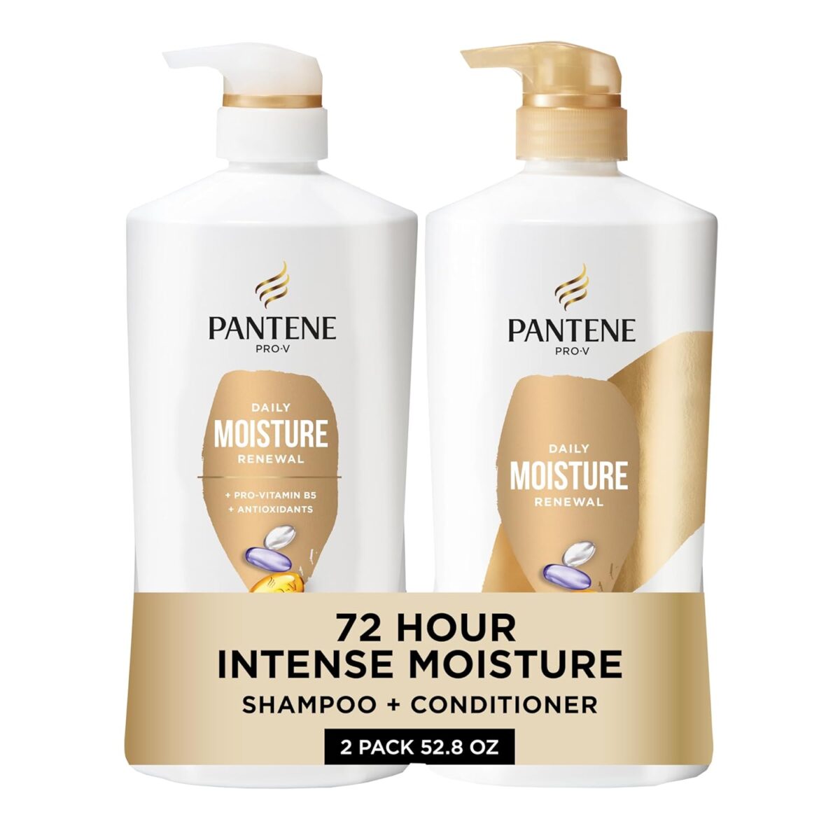 Pantene Shampoo & Conditioner Set, Daily Moisture Renewal - Pro-V Nutrients for Dry, Color-Treated, Straight to Curly Hair, 72-Hour Hydration & Softness, 52.8 Oz Total + Miracle Rescue Shot (0.5 Oz) - Image 2