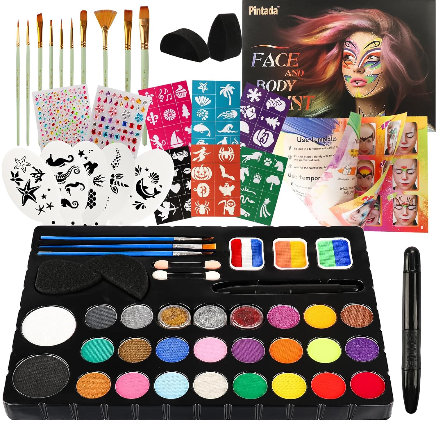 Pintada-26-Color-Face-Painting-Kit-for-Kids-Non-Toxic-Water-Activated-Face-Paint-Palette-with-Brush-Stencils-Gems-For-Halloween-Carnivals-Costume-Parties-Body-Art-Fairs-Creative-Events.jpg Pintada 26 Color Face Painting Kit for Kids - Non-Toxic Water Activated Face Paint Palette with Brush, Stencils, Gems - For Halloween, Carnivals, Costume Parties, Body Art, Fairs & Creative Events. - Image 2
