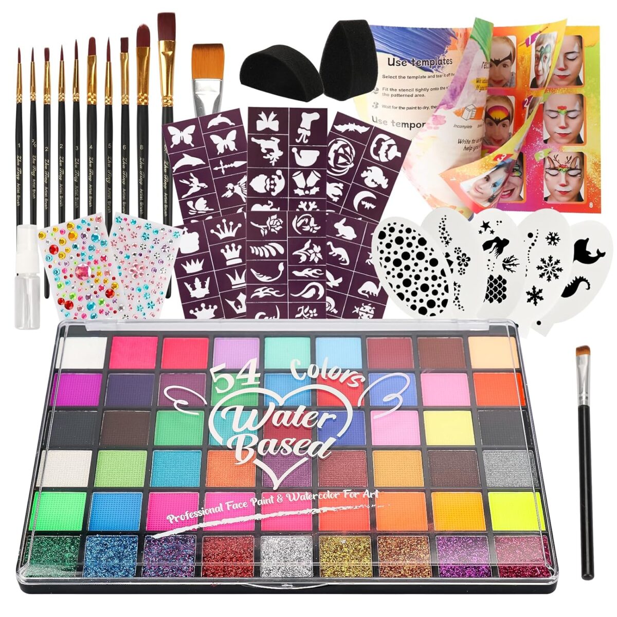 Pintada 54 Color Face Painting Kit for Kids - Non Toxic Water Activated Face Paint Palette with Stencils, Brushes, Gems & Book. For Halloween, Carnival, Party; Costume Makeup for Creative Activities - Image 2