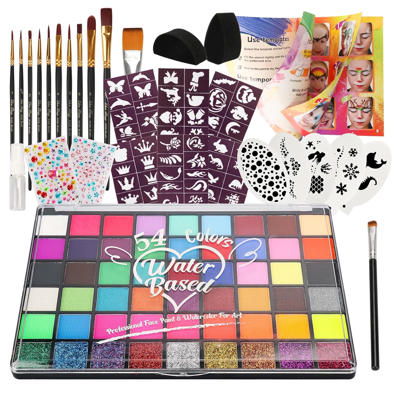 Pintada-54-Color-Face-Painting-Kit-for-Kids-Non-Toxic-Water-Activated-Face-Paint-Palette-with-Stencils-Brushes-Gems-Book.-For-Halloween-Carnival-Party-Costume-Makeup-for-Creative-Activities.jpg Pintada 54 Color Face Painting Kit for Kids - Non Toxic Water Activated Face Paint Palette with Stencils, Brushes, Gems & Book. For Halloween, Carnival, Party; Costume Makeup for Creative Activities - Image 2