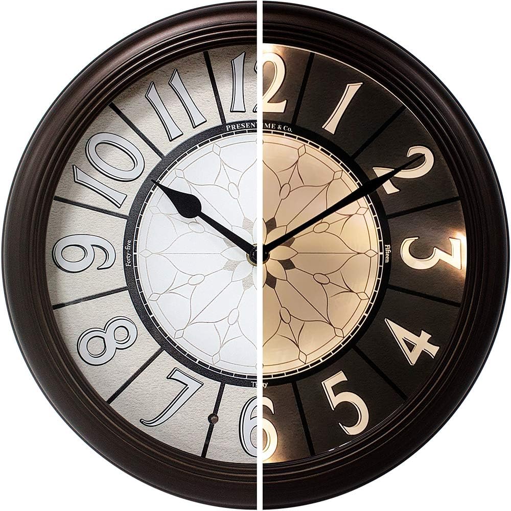 Presentime-Co.-12.6-Illuminated-Farmhouse-Wall-Clock-Silent-Battery-Operated-Night-Light-Wall-Clock-with-Smart-LED-Sensor-for-Living-Room-Bathroom-Kitchen-Home-Office-Oil-Rubbed-Bronze-Finish.jpg Presentime & Co. 12.6" Illuminated Farmhouse Wall Clock, Silent Battery Operated Night Light Wall Clock with Smart LED Sensor for Living Room, Bathroom, Kitchen, Home Office, Oil Rubbed Bronze Finish - Image 2