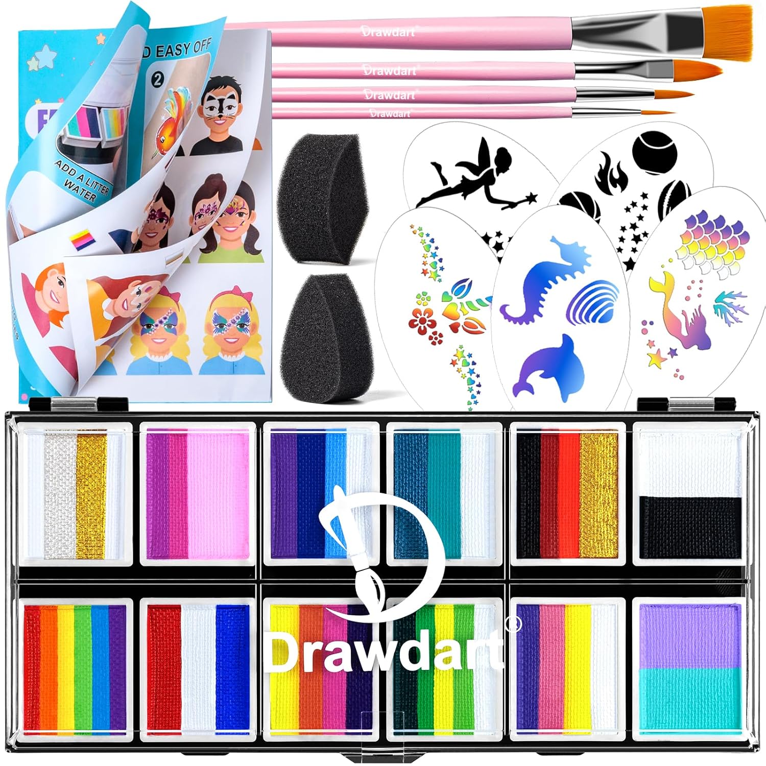 Professional-Face-Painting-Kit-for-Kids-Adults-Split-Cake-Face-Paint-Palette-12-x-10gm-with-Stencil-One-Stroke-Non-Toxic-Rainbow-Face-Body-Paint-Set-Festival-Makeup.jpg Professional Face Painting Kit for Kids Adults, Split Cake Face Paint Palette 12 x 10gm with Stencil, One Stroke Non Toxic Rainbow Face Body Paint Set Festival Makeup - Image 2