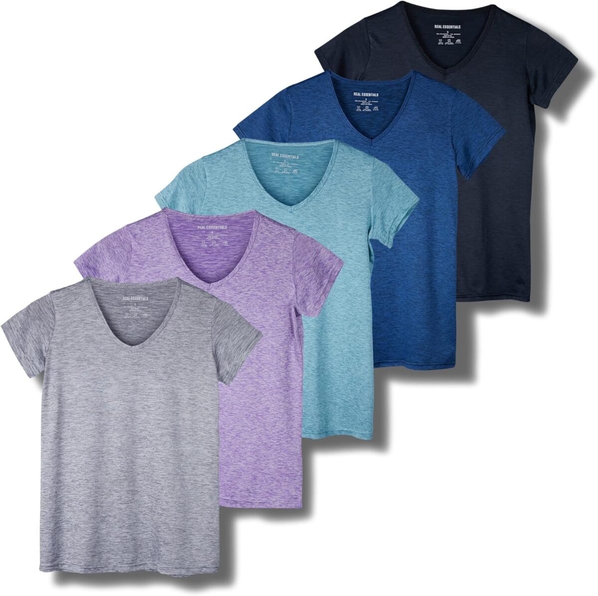 Real Essentials 5 Pack: Women's Dry Fit Short Sleeve V Neck Workout Top - Fitness Gym Athletic Yoga T-Shirt (Plus Available) - Image 2