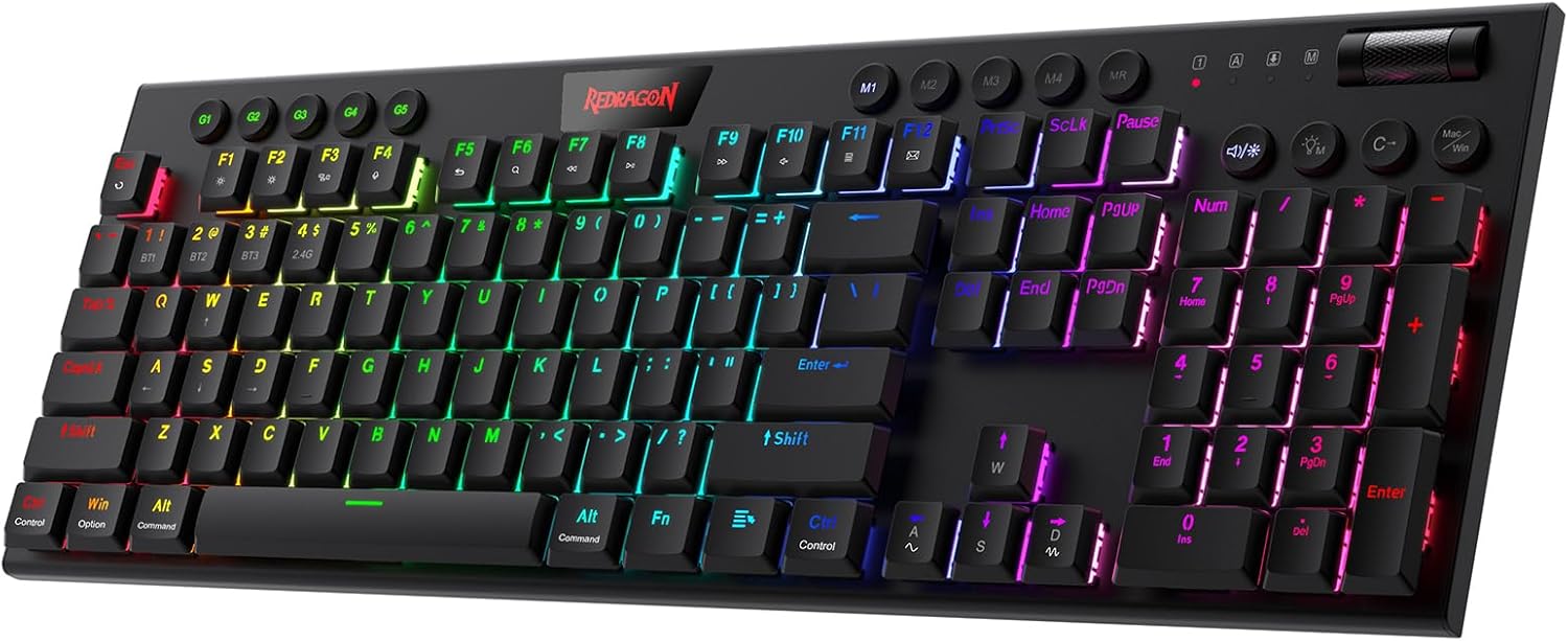 Redragon-K618-PRO-3-Mode-Wireless-RGB-Mechanical-Keyboard-BT2.4GhzWired-Low-Profile-WinMac-Gaming-Keyboard-wUltra-Thin-Design-Dedicated-Media-Control-Linear-Red-Switch.jpg Redragon K618 PRO 3-Mode Wireless RGB Mechanical Keyboard, BT/2.4Ghz/Wired Low Profile Win/Mac Gaming Keyboard w/Ultra-Thin Design, Dedicated Media Control & Linear Red Switch - Image 2