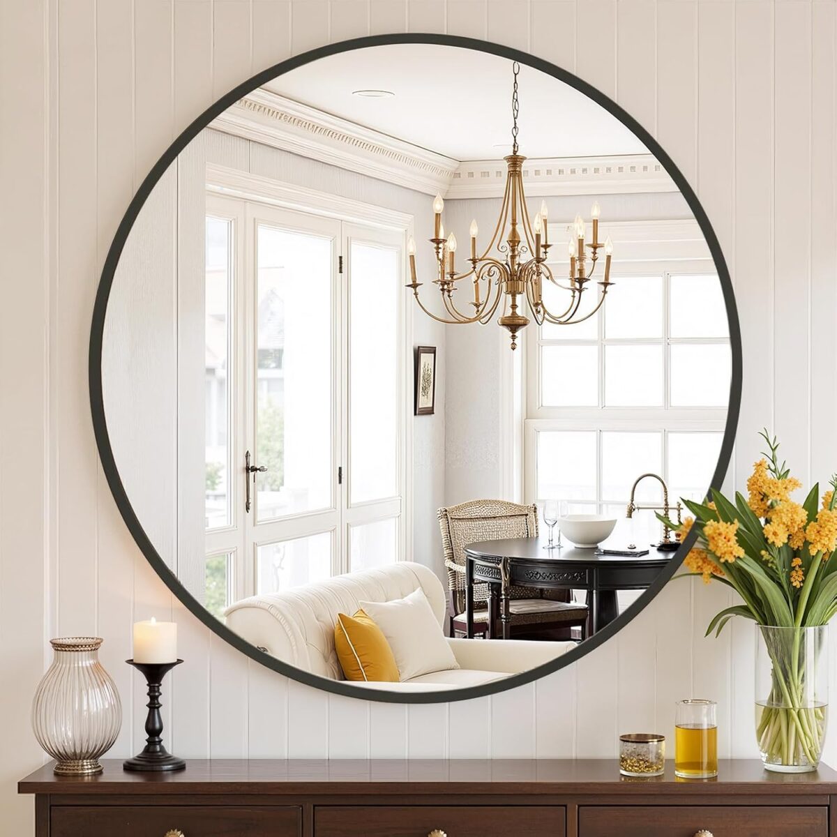 Round Bathroom Mirror 20 Inch Black Metal Framed Wall Mounted Circle Vanity Mirror for Bathroom, Bedroom, Living Room, Entryway, Anti-Rust, Modern Decorative, Hanging or Leaning - Image 2
