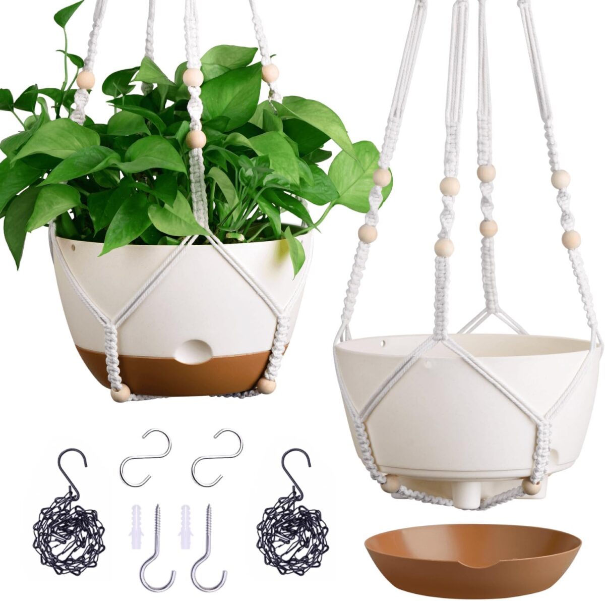 Set of 2-10 Inch Hanging Planters for Indoor Plants with Self-Watering Includes Hanging Pots for Plants, Outdoor Hanging Plant Pot with Drainage, and 2 Types of Hanging Baskets Hangers (White, 10inch) - Image 2