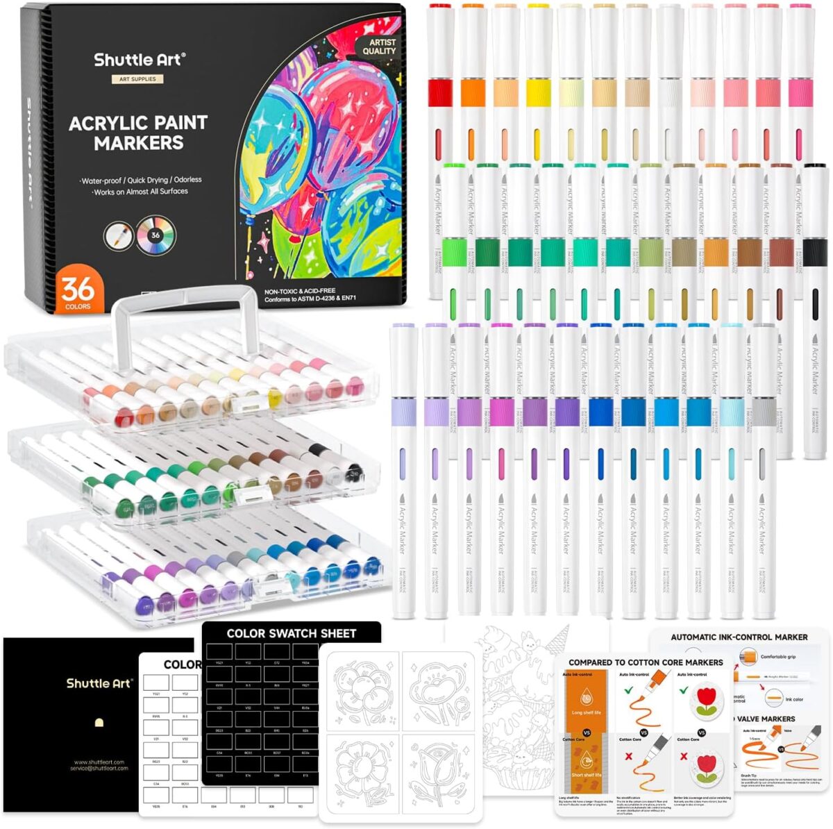 Shuttle Art Automatic Ink Control Acrylic Paint Markers, 36 Colors Brush Tip Acrylic Paint Pens for Rock Painting, Ceramic, Wood, Canvas, Glass, Stone, Fabric, Card Making, DIY & Art Supplies - Image 2