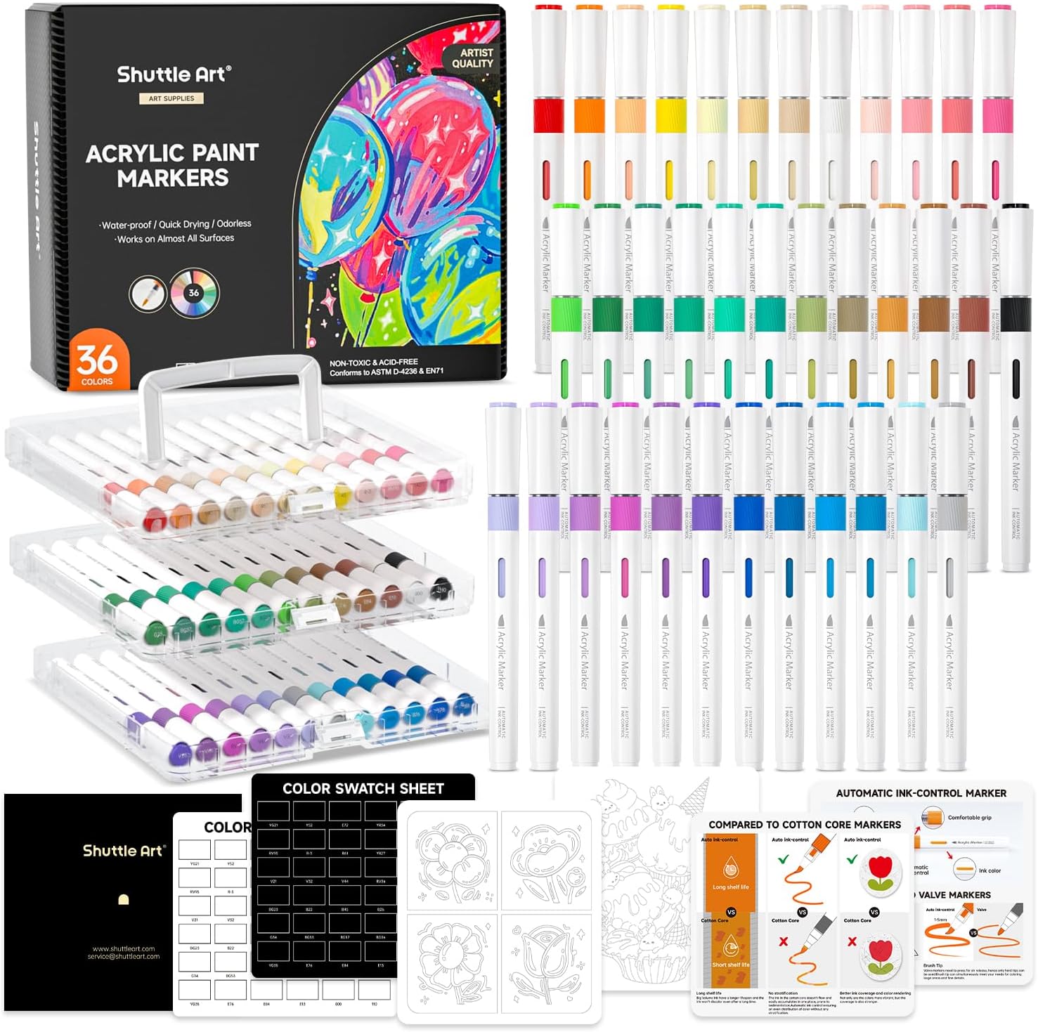 Shuttle-Art-Automatic-Ink-Control-Acrylic-Paint-Markers-36-Colors-Brush-Tip-Acrylic-Paint-Pens-for-Rock-Painting-Ceramic-Wood-Canvas-Glass-Stone-Fabric-Card-Making-DIY-Art-Supplies.jpg Shuttle Art Automatic Ink Control Acrylic Paint Markers, 36 Colors Brush Tip Acrylic Paint Pens for Rock Painting, Ceramic, Wood, Canvas, Glass, Stone, Fabric, Card Making, DIY & Art Supplies - Image 2