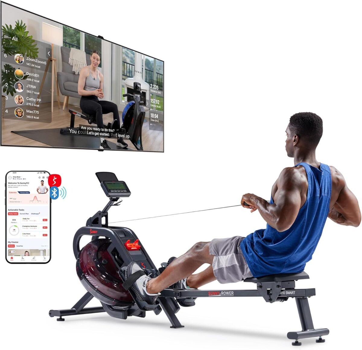 Sunny Health & Fitness Flip & Foldable Rowing Machine for Home w/Extended Slide Rail, Full-Body Workout, Low-Impact, Optional Extra Long Rail, Quiet Rail Cover, Water Motion and Free SunnyFit App - Image 2
