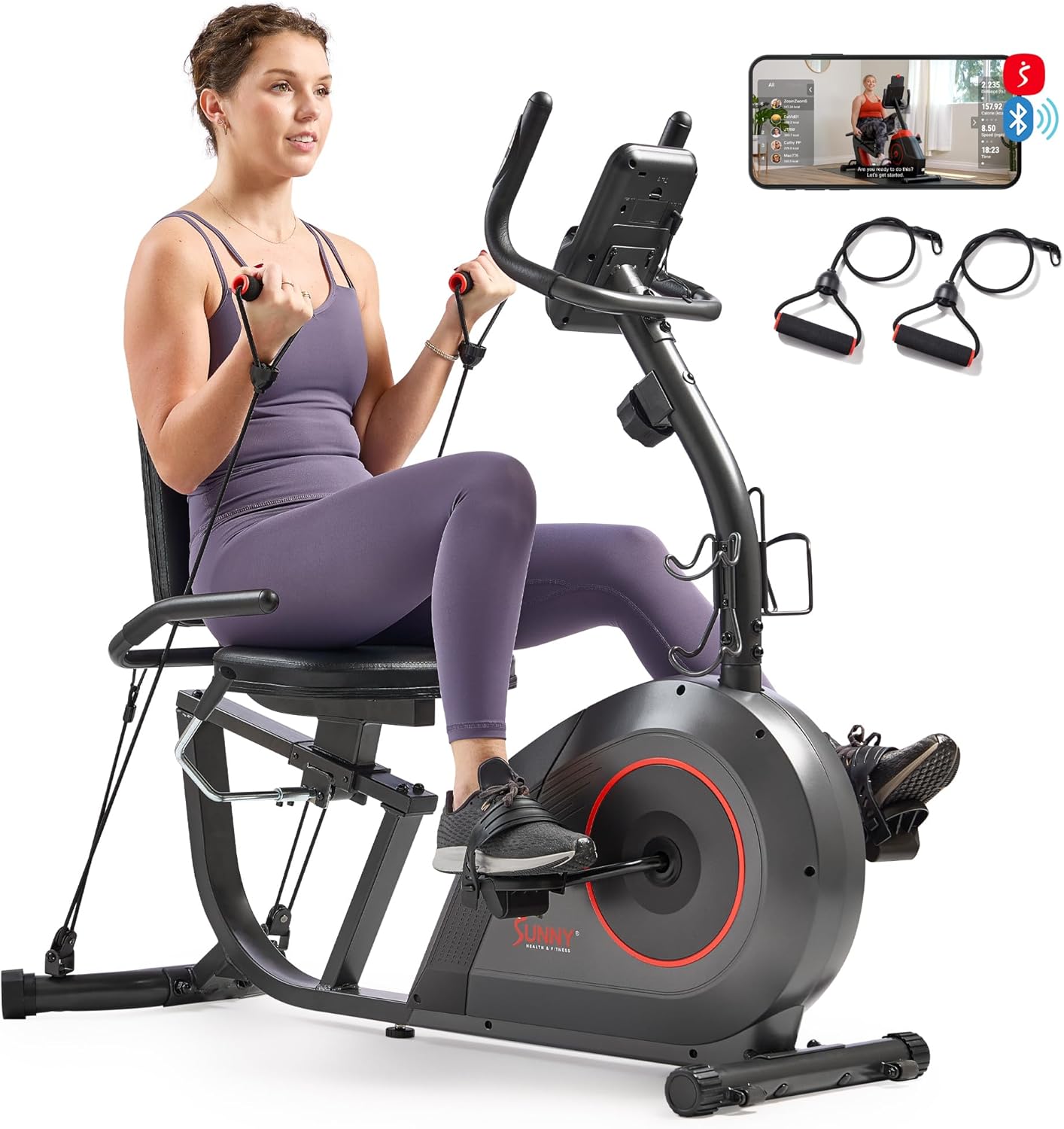 Sunny-Health-Fitness-Smart-Heavy-Duty-Recumbent-Bike-wWide-Cushioned-Seat-Back-Indoor-Cycling-Machine-for-AdultSeniors-Home-Exercise-Free-SunnyFit-App-Connect-Optional-Workout-Training-Bands.jpg Sunny Health & Fitness Smart Heavy-Duty Recumbent Bike w/Wide Cushioned Seat & Back, Indoor Cycling Machine for Adult/Seniors Home Exercise, Free SunnyFit App Connect, Optional Workout Training Bands - Image 2