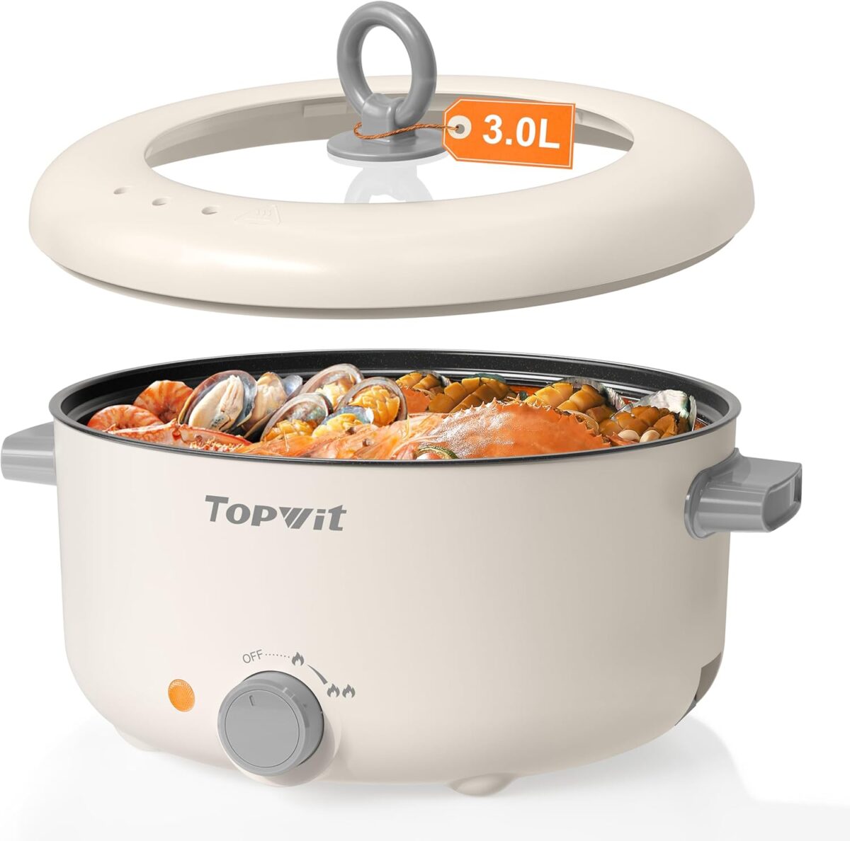 TOPWIT Electric Pot, 3L Hot Pot Electric, Rapid Noodles Cooker, Non-Stick Frying Pan, Multifunctional Electric Hot Pot for Steak, Egg, Ramen, Soup, Shabu Shabu Pot for Camping, RVs, Party, Beige - Image 2