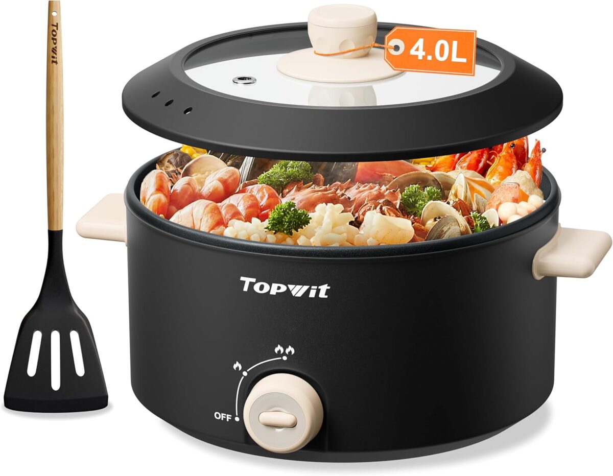 TOPWIT Hot Pot Electric, 4L Electric Pot with Non-Stick Coating, Dual Power Electric Cooker for Deep Frying, Steak, Pasta, Multi-Functional Large Capaity Shabu Shabu Pot for Party, Dark Black - Image 2