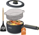 TOPWIT Hot Pot Electric with Steamer, 2L Multifunctional Electric Pot, Non-Stick Sauté Pan, Portable Pot for Steak, Fried Rice, Ramen, Soup with Dual Power Control (Silicone Spatula Included), Grey - Image 2