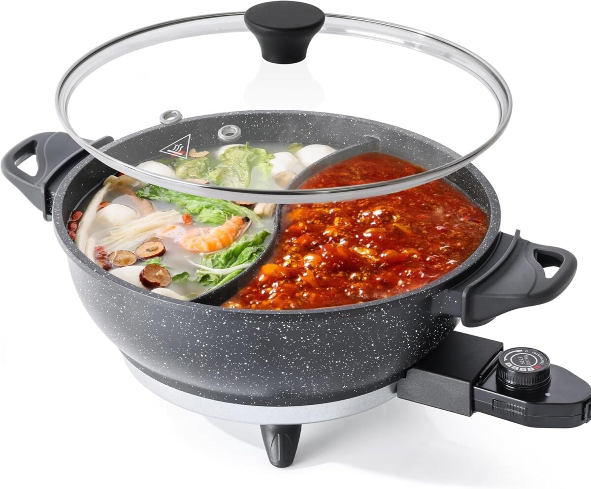 TWIN™ Electric Hot Pot with Divider | EvenHeat Cast Aluminum Non-Stick Pot for No-Spot Cooking | 1500W Fast Heating | 4.5QT Dual-Flavor Shabu Shabu Pot for Family Use | 1-Yr Warranty - Image 2