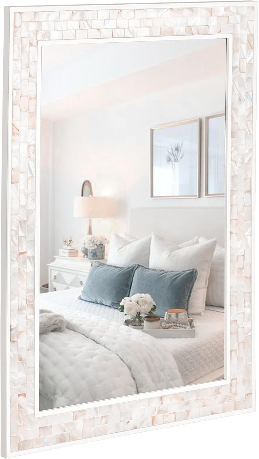 Tanmicoshomy-20x-28-Inch-Rectangle-Wall-Mirror-Natural-Shell-Framed-Rectangular-Mirror-for-Bathroom-Vanity-Bedroom-Living-Room-Entryway-Wall-Mounted-Horizontal-or-Vertical-White.jpg Tanmicoshomy 20x 28 Inch Rectangle Wall Mirror, Natural Shell Framed Rectangular Mirror for Bathroom, Vanity, Bedroom, Living Room, Entryway, Wall Mounted Horizontal or Vertical, White - Image 2