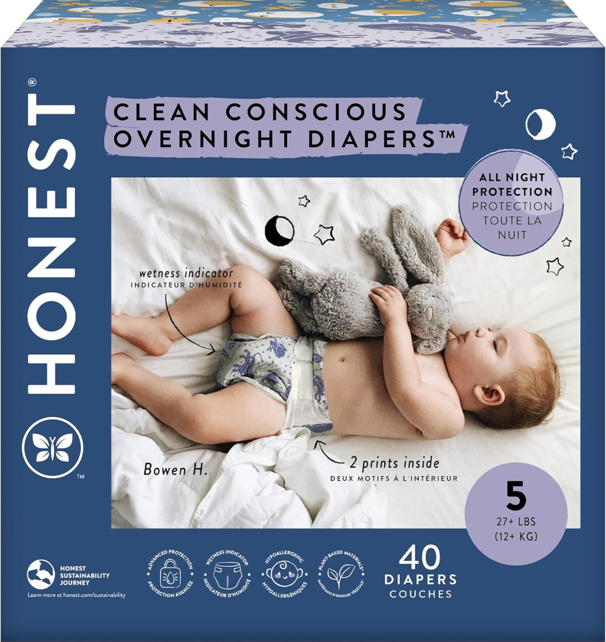 The Honest Company Clean Conscious Overnight Diapers for Sensitive Skin, Hypoallergenic Fragrance-Free Baby Diapers, Cozy Cloud and Star Signs Design, Club Box, Size 5 (27+ lbs), 40 Count - Image 2