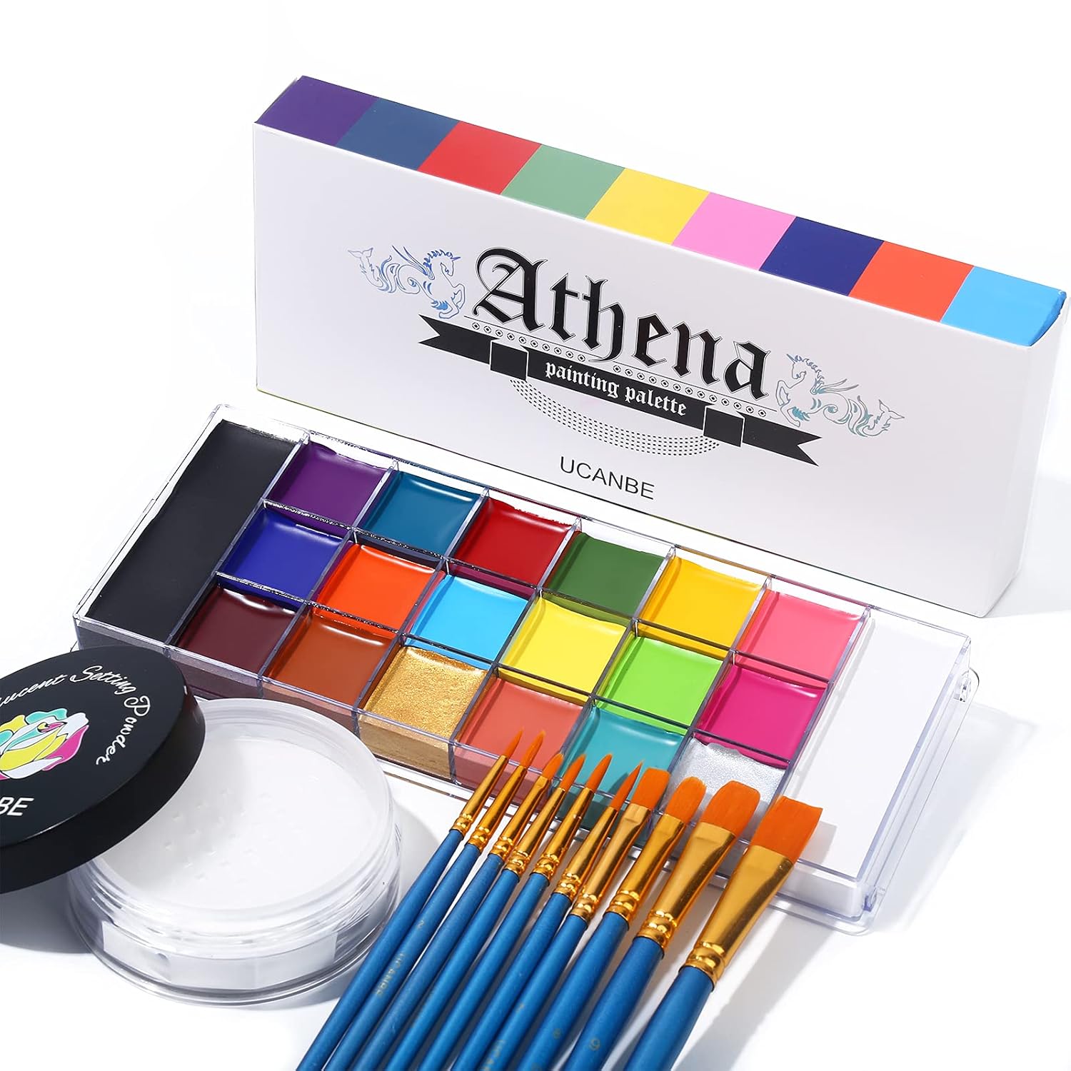 UCANBE-Athena-Face-Body-Paint-Oil-Palette-Translucent-Setting-Powder-10PCS-Brushes-Set-Professional-Non-Toxic-Face-Painting-Pallet-Kit-for-Halloween-SFX-Cosplay-Clown-Makeup-for-Women-Adults.jpg UCANBE Athena Face Body Paint Oil Palette + Translucent Setting Powder + 10PCS Brushes Set, Professional Non Toxic Face Painting Pallet Kit for Halloween SFX Cosplay Clown Makeup for Women Adults - Image 2