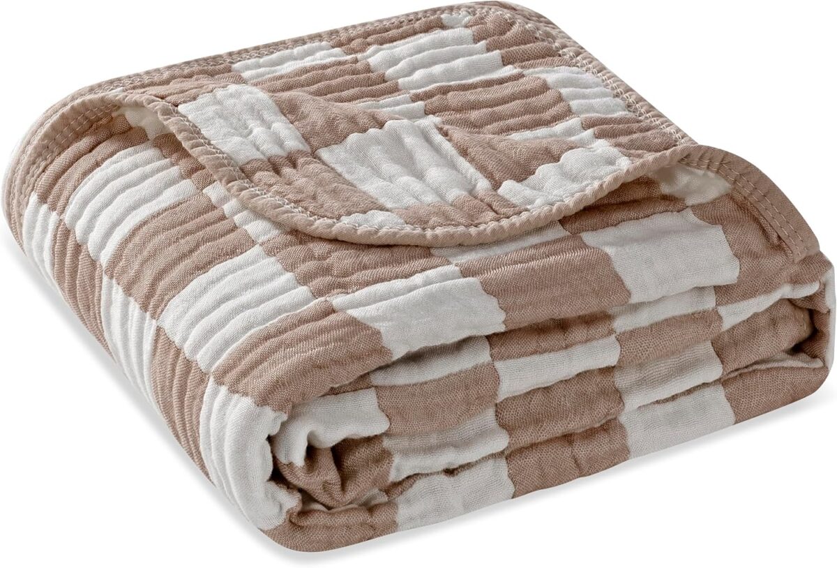 Ultra Soft Muslin Baby Blanket,A Versatile Swaddle and Bed Blanket for Babies, Toddlers, Boys, and Girls (1 Coffee Checkered 1 Pack). - Image 2