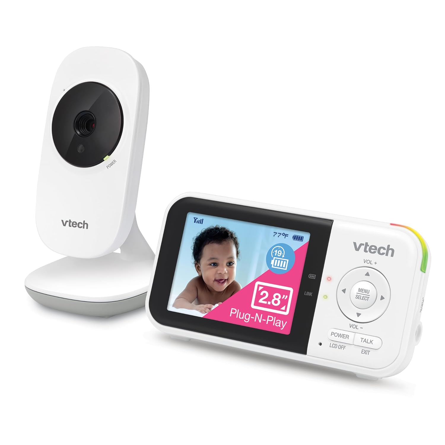 VTech-VM819-Baby-Monitor-with-Camera-and-Audio-2.8-Screen-Portable-Baby-Camera-Night-Vision-2-Way-Audio-Temperature-Sensor-and-Lullabies-Secure-Transmission-No-WiFi-Ideal-for-BabyElderlyPet.jpg VTech VM819 Baby Monitor with Camera and Audio, 2.8” Screen Portable Baby Camera, Night Vision, 2-Way Audio, Temperature Sensor and Lullabies, Secure Transmission No WiFi, Ideal for Baby/Elderly/Pet - Image 2