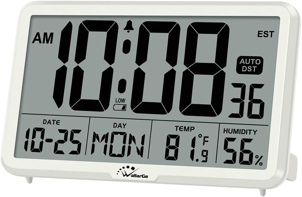 WallarGe-Auto-Set-Digital-Wall-Clock-Battery-Operated-Desk-Clocks-with-Temperature-Humidity-and-Date-Large-Display-Digital-Calendar-Alarm-Clock-for-Elderly-Bedroom-Office-8-Time-Zone-Auto-DST.jpg WallarGe Auto Set Digital Wall Clock Battery Operated, Desk Clocks with Temperature, Humidity and Date, Large Display Digital Calendar Alarm Clock for Elderly, Bedroom, Office, 8 Time Zone, Auto DST. - Image 2