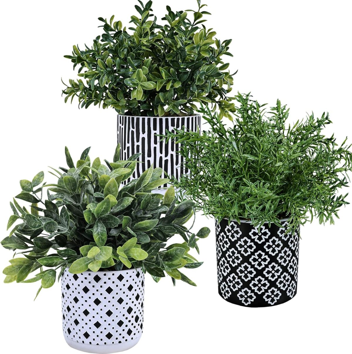 Winlyn 3-Pack Artificial Potted Plants - Faux Eucalyptus, Rosemary, Boxwood Greenery in Small Black & White Geometric Concrete Pots -Desk, Table, Shelf, Windowsill Decor for Indoor Outdoor Home Office - Image 2