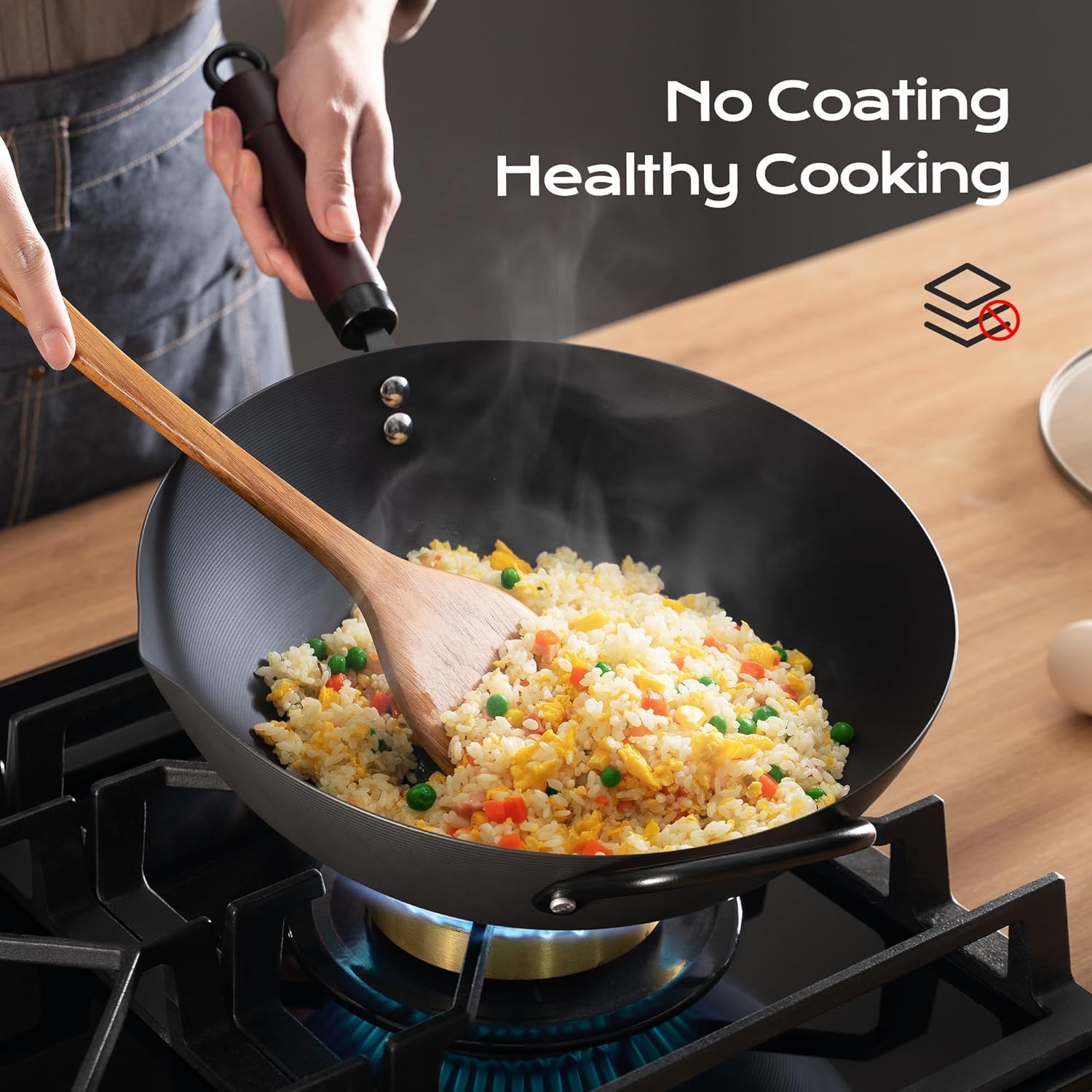 Wok-13-Inch-carbon-steel-woks-stir-fry-pans-nonstick-Pre-Seasoned-5.8QT-Flat-Bottom-Chinese-Wok-Pan-with-lid-Carbon-Steel-Cookware-Compatible-with-All-Cooktops.jpg Wok, 13 Inch carbon steel woks & stir-fry pans nonstick, Pre-Seasoned 5.8QT Flat Bottom Chinese Wok Pan with lid, Carbon Steel Cookware, Compatible with All Cooktops - Image 2