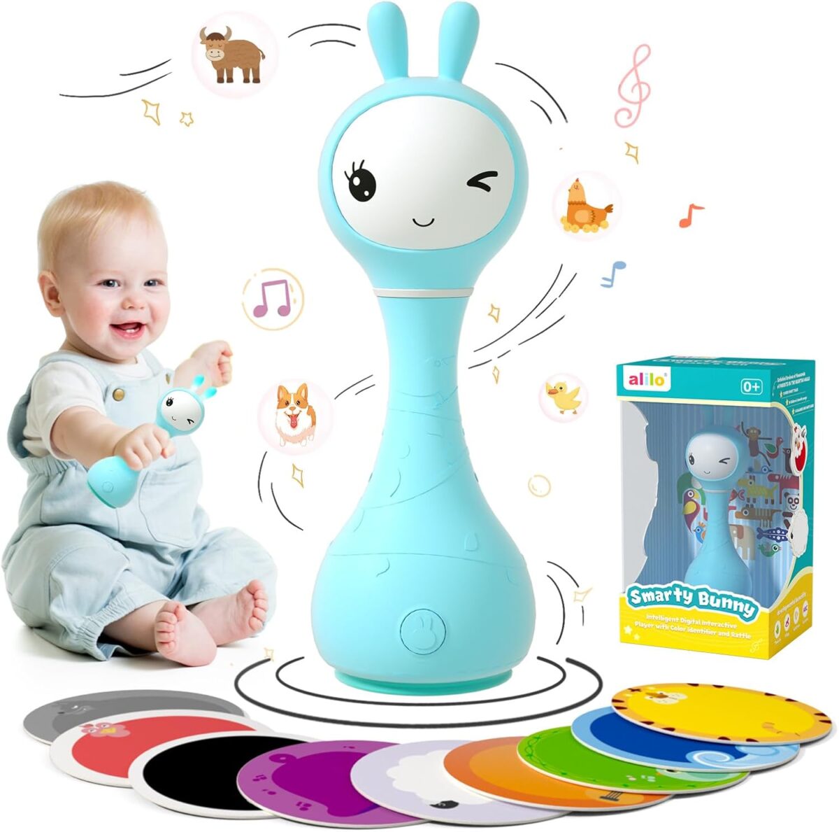 alilo Smarty Bunny Baby Rattle Musical Light Up Toys, Infants Newborns Baby Toys 0-3-6-12-18-24 Months,1 Year Old Boy Girl Gifts, 4 Music Modes and Color Recognition Function with 9 Color Card - Image 2