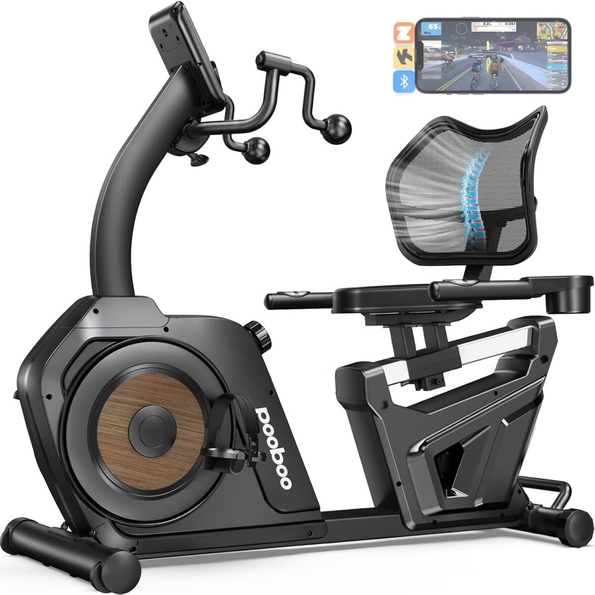 pooboo Recumbent Exercise Bike, Stationary Bikes for Home with Arm Exerciser, Magnetic Recumbent Bike with Ergonomic Backrest & Comfortable Seat, Smart APP, Pulse Sensor, 400LBS Weight Capacity - Image 2