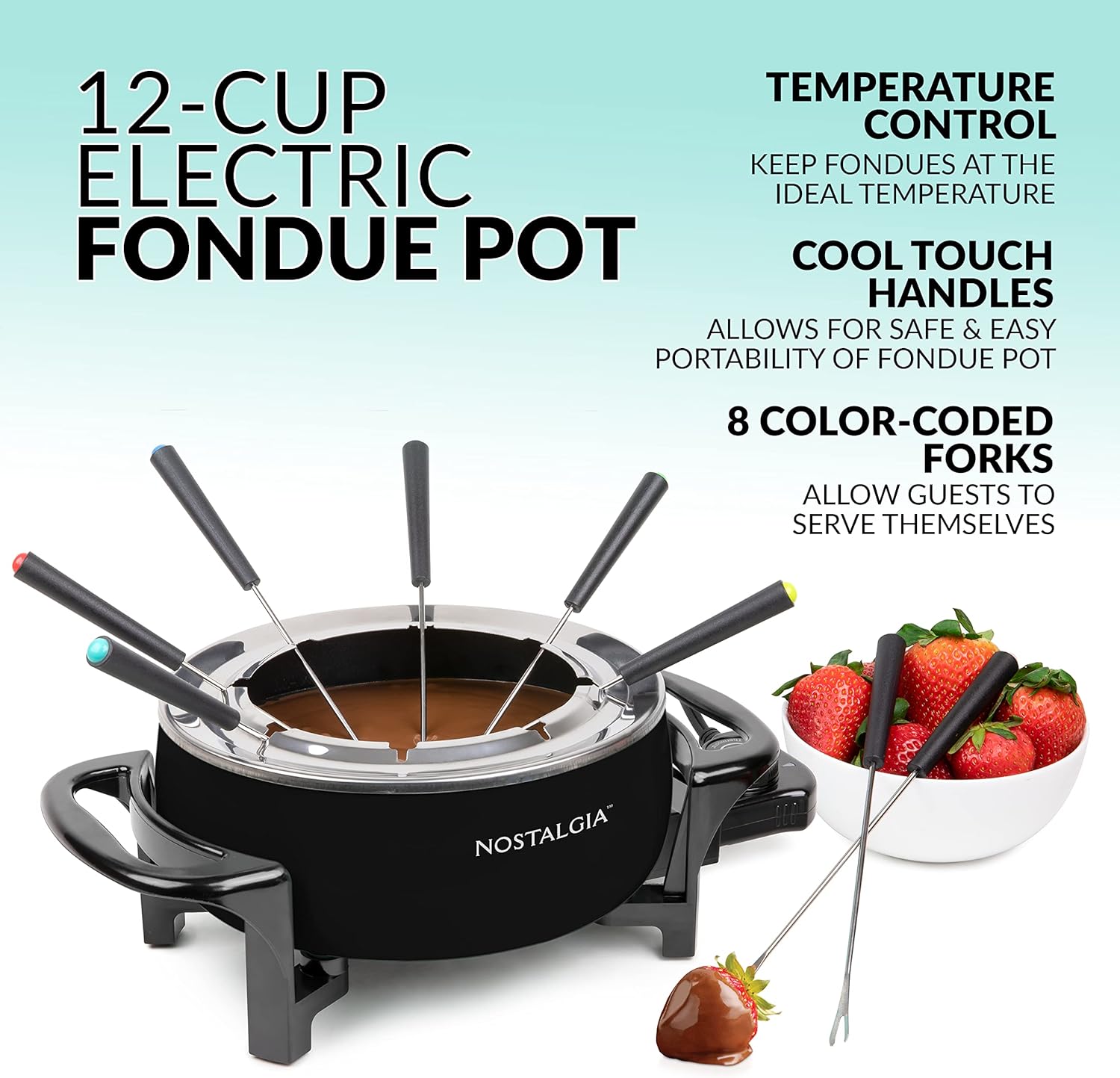 Nostalgia 12-Cup Electric Fondue Pot Set for Cheese & Chocolate - 8 Color-Coded Forks, Temperature Control - Stainless Steel Kitchen Gadgets and Appliances for Hors d'Oeuvres and More – Black - Image 3