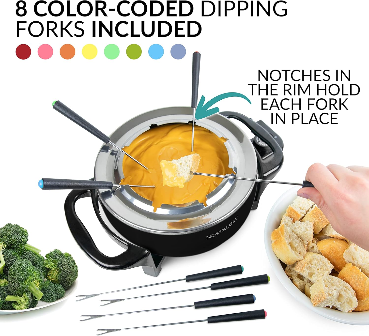 Nostalgia 12-Cup Electric Fondue Pot Set for Cheese & Chocolate - 8 Color-Coded Forks, Temperature Control - Stainless Steel Kitchen Gadgets and Appliances for Hors d'Oeuvres and More – Black - Image 5