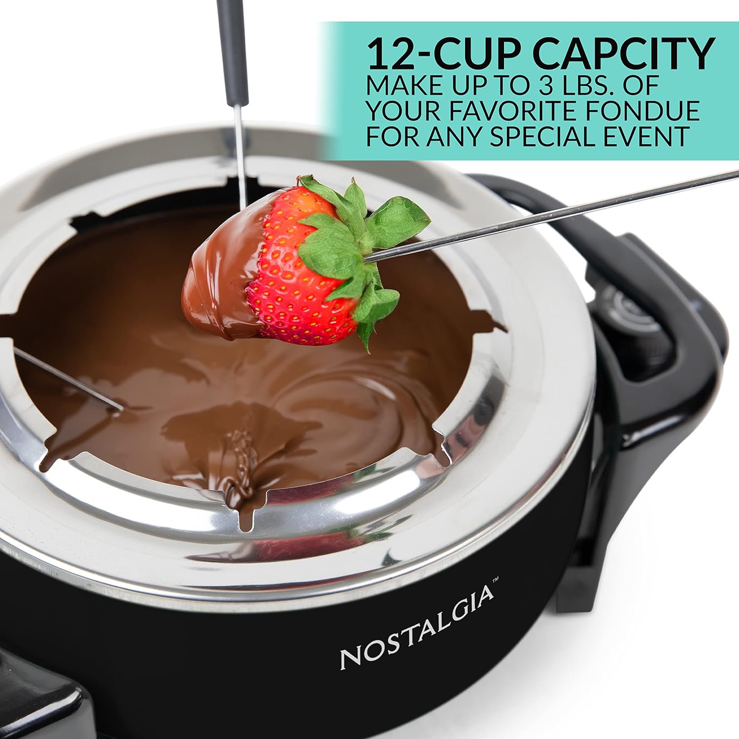 Nostalgia 12-Cup Electric Fondue Pot Set for Cheese & Chocolate - 8 Color-Coded Forks, Temperature Control - Stainless Steel Kitchen Gadgets and Appliances for Hors d'Oeuvres and More – Black - Image 6