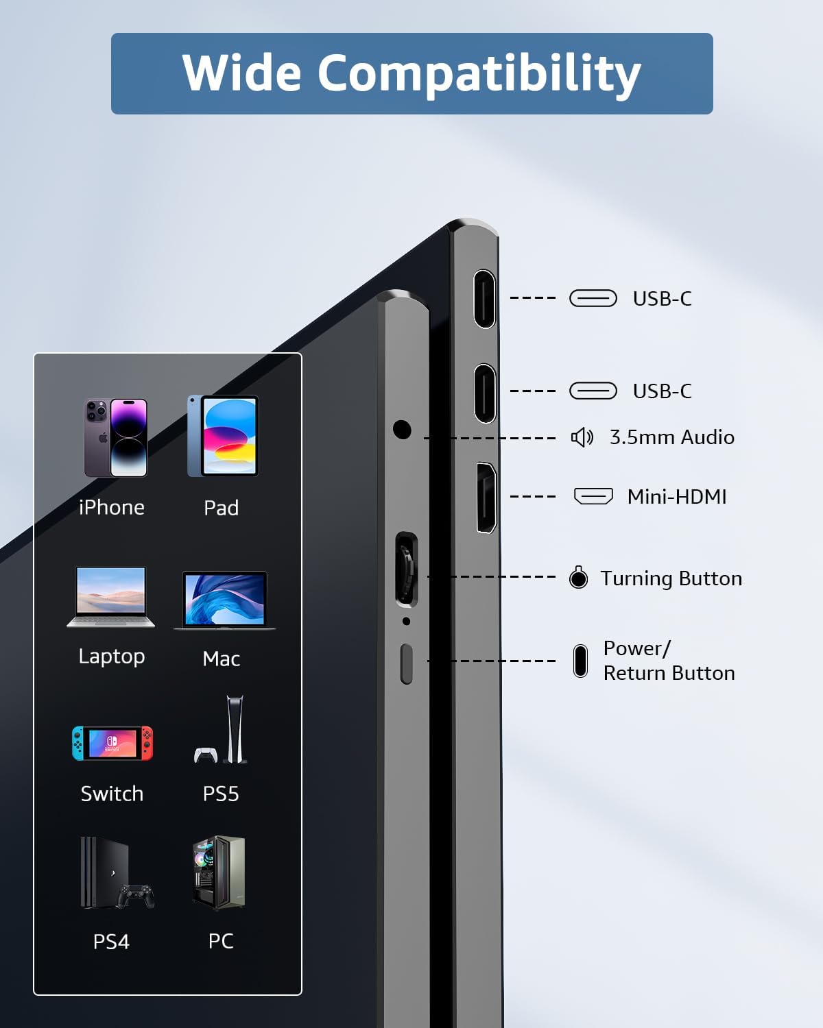 Yodoit Portable Monitor for Laptop, 15.6" 1920×1080 Travel Screen FHD IPS Display with USB Type C Port, Speakers and Smart Cover Compatible with PC, MacBook, Xbox (Black) - Image 4