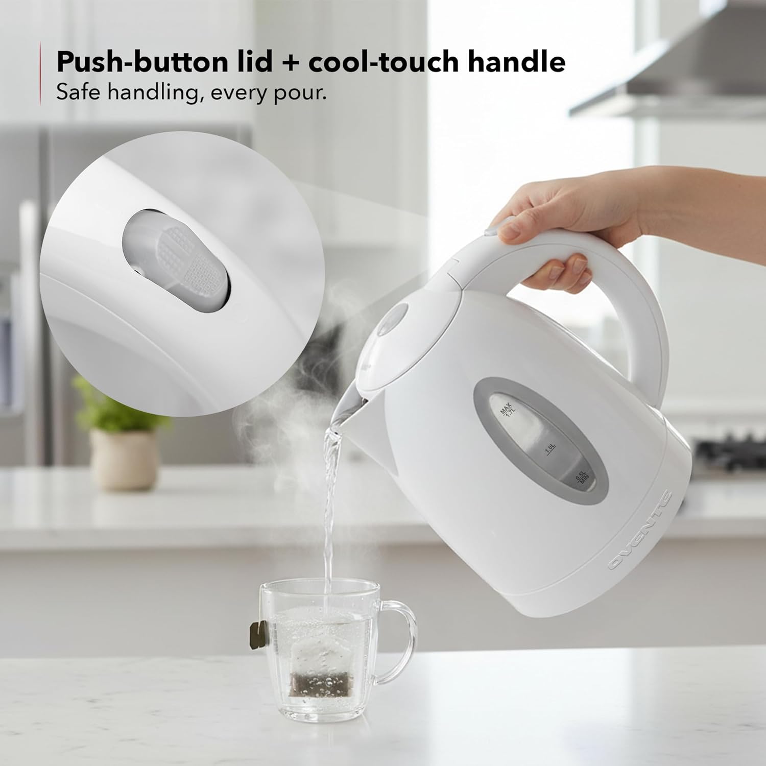 OVENTE Electric Kettle, 1.7L Fast Boiling Water Heater for Coffee or Tea, BPA Free with Water Level Gauge, Auto Shut-Off, Boil-Dry Protection, Indicator Light and Removable Filter, White KP72W - Image 6