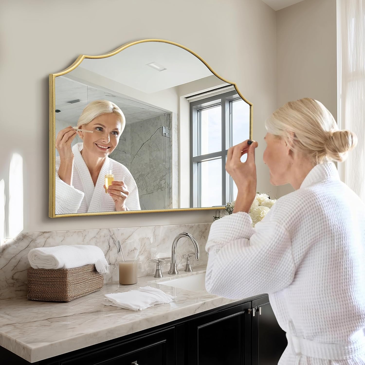 Gold Scalloped Arched Mirror: 36"x26" Large Modern Mantle Mirror - Minimalist Dresser Wall Mirrors for Vanity/Bedroom/Fireplace/Living Room/Entryway/Home Decor - Image 5