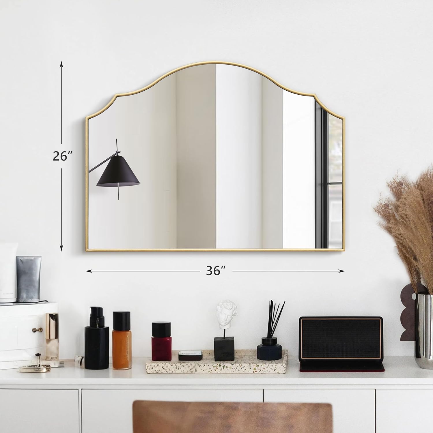 Gold Scalloped Arched Mirror: 36"x26" Large Modern Mantle Mirror - Minimalist Dresser Wall Mirrors for Vanity/Bedroom/Fireplace/Living Room/Entryway/Home Decor - Image 6