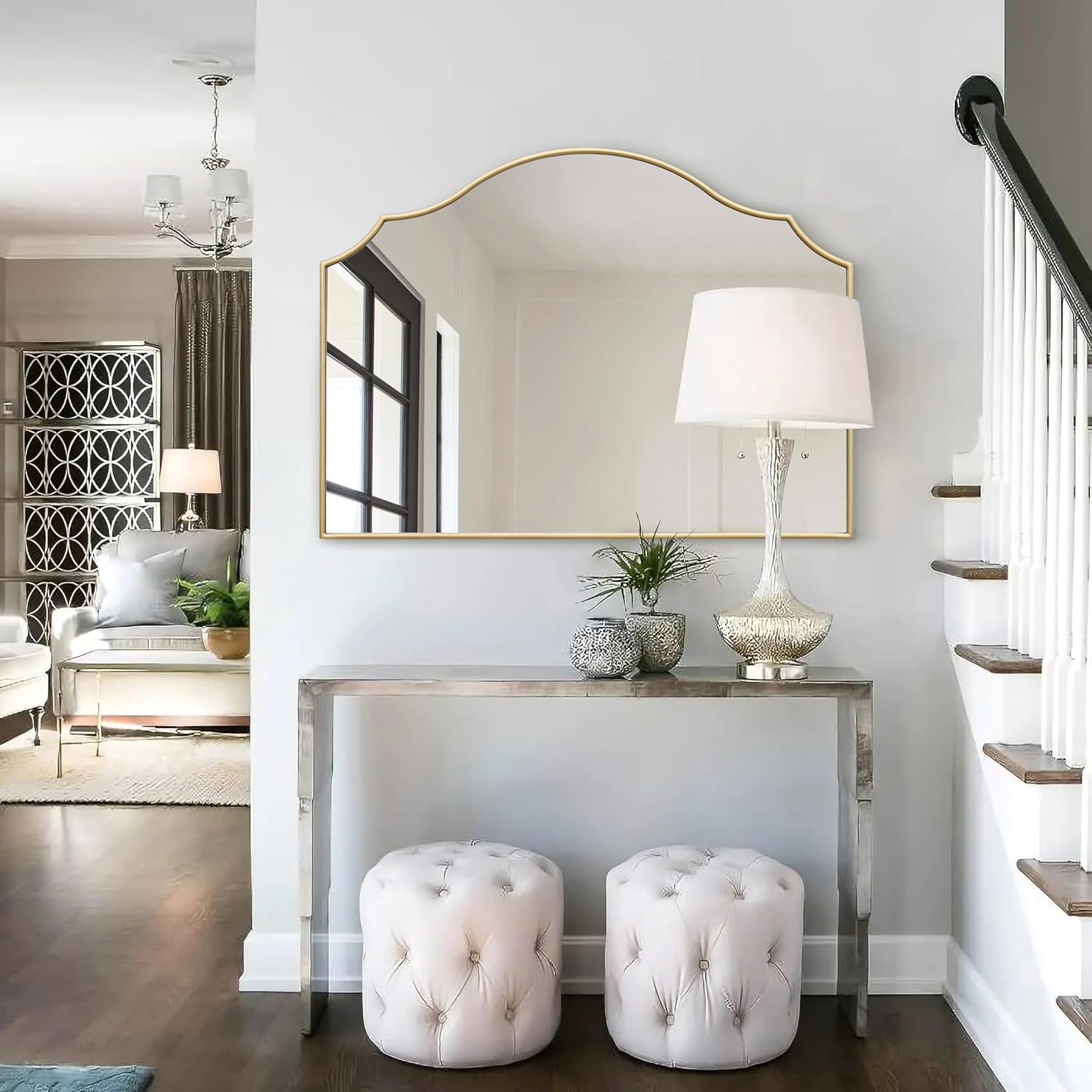 Gold Scalloped Arched Mirror: 36"x26" Large Modern Mantle Mirror - Minimalist Dresser Wall Mirrors for Vanity/Bedroom/Fireplace/Living Room/Entryway/Home Decor - Image 7