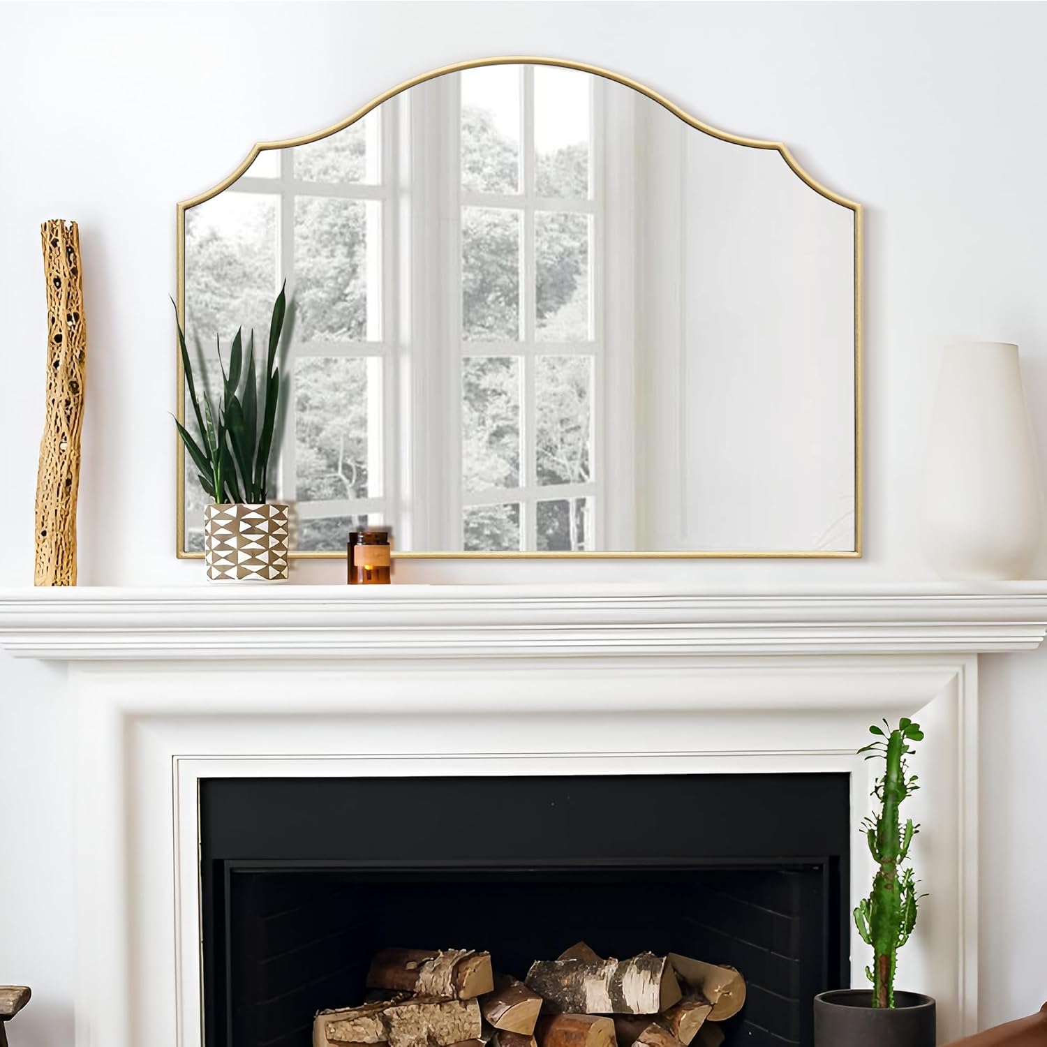 Gold Scalloped Arched Mirror: 36"x26" Large Modern Mantle Mirror - Minimalist Dresser Wall Mirrors for Vanity/Bedroom/Fireplace/Living Room/Entryway/Home Decor - Image 8