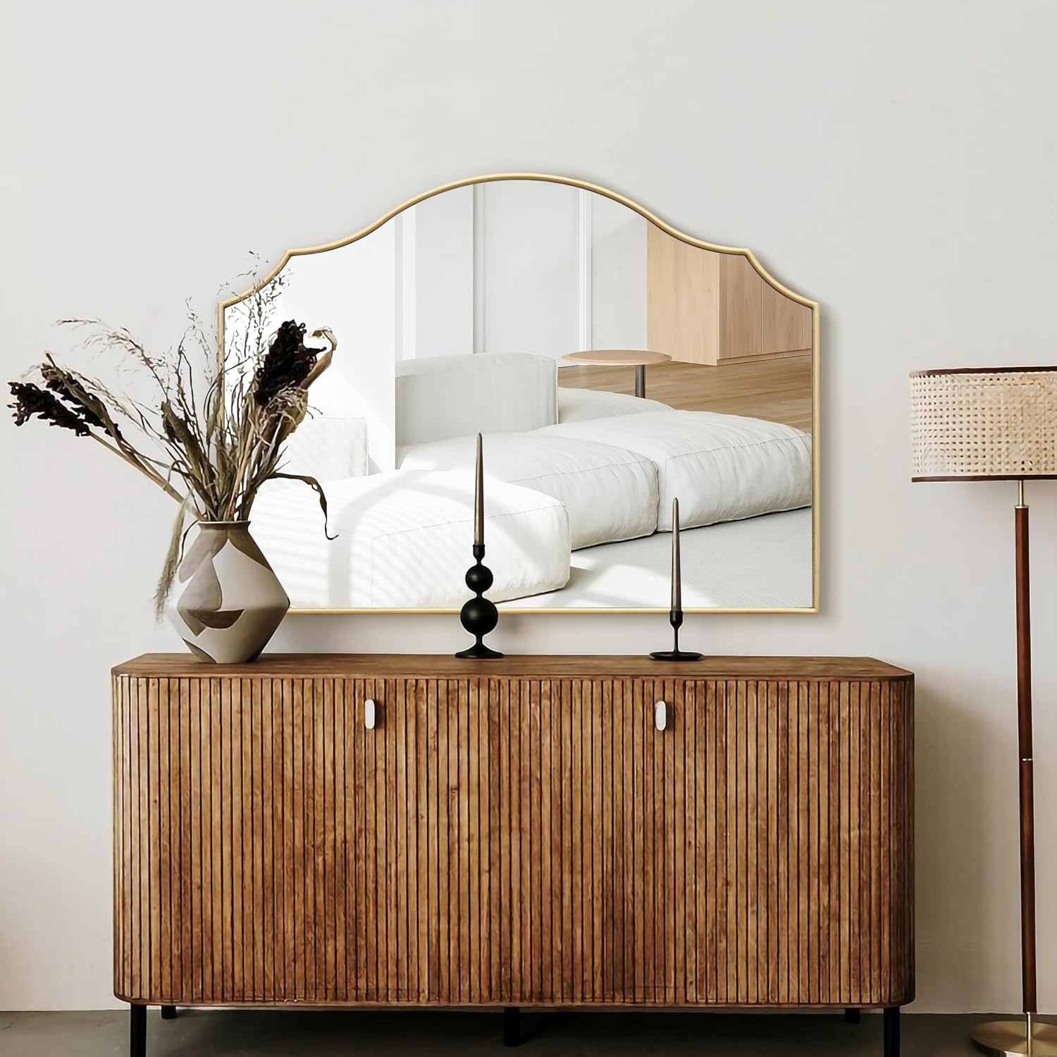 Gold Scalloped Arched Mirror: 36"x26" Large Modern Mantle Mirror - Minimalist Dresser Wall Mirrors for Vanity/Bedroom/Fireplace/Living Room/Entryway/Home Decor - Image 9