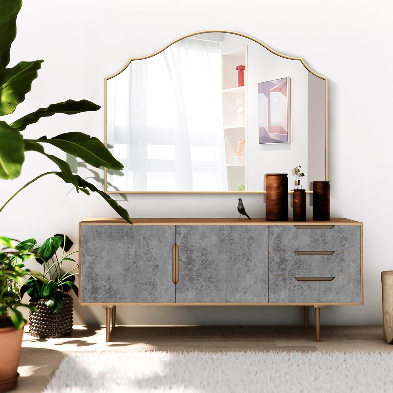 Gold Scalloped Arched Mirror: 36"x26" Large Modern Mantle Mirror - Minimalist Dresser Wall Mirrors for Vanity/Bedroom/Fireplace/Living Room/Entryway/Home Decor - Image 10