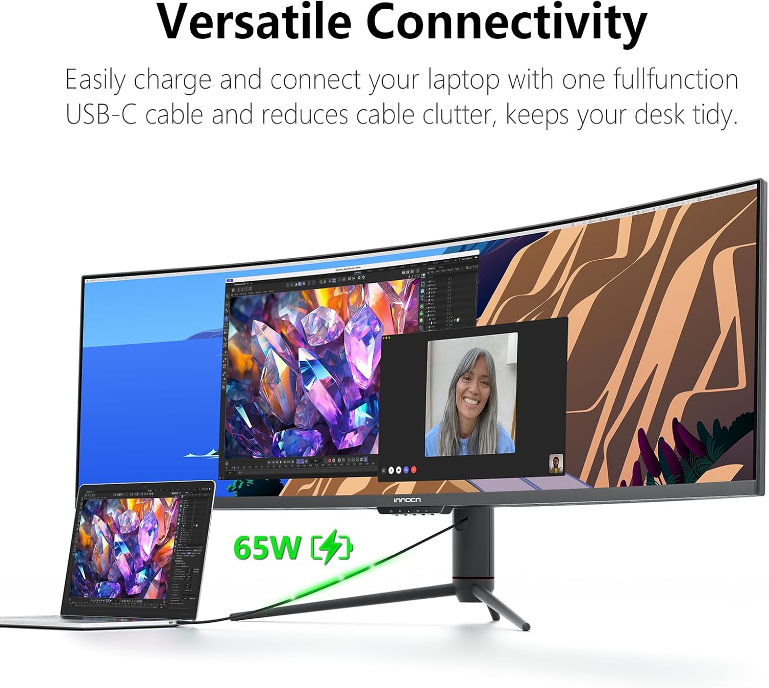 INNOCN 49" Ultrawide Monitor Curved Gaming 5K2K 5120 x 1440P 240Hz Monitor, R1800, 99% sRGB, HDR400, USB Type C, DisplayPort, HDMI, Built-in Speakers, Height/Tilt Adjustable - 49C1S - Image 3