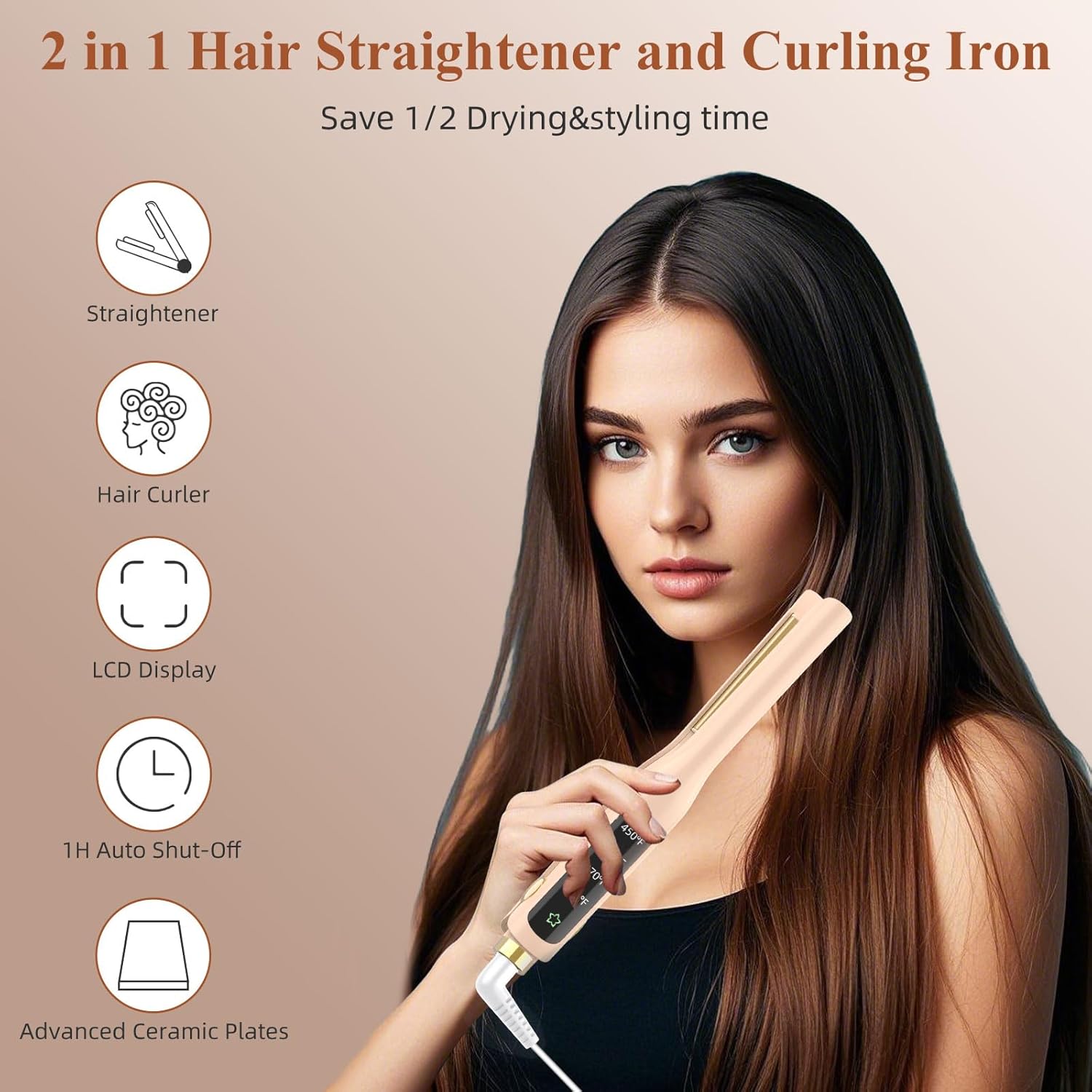 Flat Iron, 1/2 Inch Hair Straightener and Curler 2 in 1, Ceramic Ionic Floating Plates for Less Frizz, 10s Quick Heat Up, Hair straighteners for Women, Straightener for All Hair Types(Pink) - Image 3