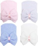 DRESHOW BQUBO 4 Pack Newborn Hospital Hat Infant Baby Hat Cap with Big Bow Soft Cute Knot Nursery Beanie - Image 2