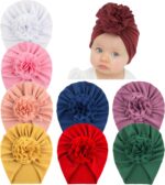 inSowni 8 Pack Solid Nursery Hospital Turban Hat Cap Beanie Bonnet with Flower for Baby Girls Toddlers Newborns Infants - Image 2