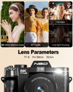 NBD 8K Digital Cameras for Photography,64MP Camara Fotograficas,Travel Vlogging Cameras for YouTube with 180°Flip Screen,16X Digital Zoom,52mm Macro Lens,2 Batteries,64GB TF Card(Black) - Image 4