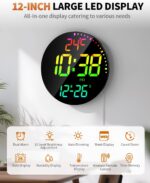 12" Large Digital Wall Mount Clock, Count Down Timer, Alarm, Big LED, 12 RGB Color, Temperature for Living Room Classroom Desk, Xmas, Birthday Gift for Senior Mom Dad (Round) - Image 3