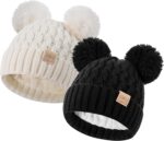 Toddler Winter Beanie Hat, Infant Winter Warm Knit Fleece Lined Cap for Girls Boys with Pom Pom for 0-36 Months 2 Packs - Image 2