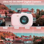 5K 80MP Pink Digital Camera with 18X Zoom,32GB SD Card,2 Rechargeable Batteries & Dual Charger,Compact Point and Shoot Camera for Girls,Teens,Beginners,with Gift Greeting Card - Image 3
