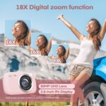 5K 80MP Pink Digital Camera with 18X Zoom,32GB SD Card,2 Rechargeable Batteries & Dual Charger,Compact Point and Shoot Camera for Girls,Teens,Beginners,with Gift Greeting Card - Image 4