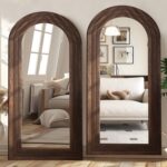 Arched Full Length Mirror with Solid Wood Frame, 71x32 Farmhouse Wall Mounted Floor Mirror with Stand, Vertical Hanging, Leaning Standing for Bedroom, Living Room, Brown - Image 7